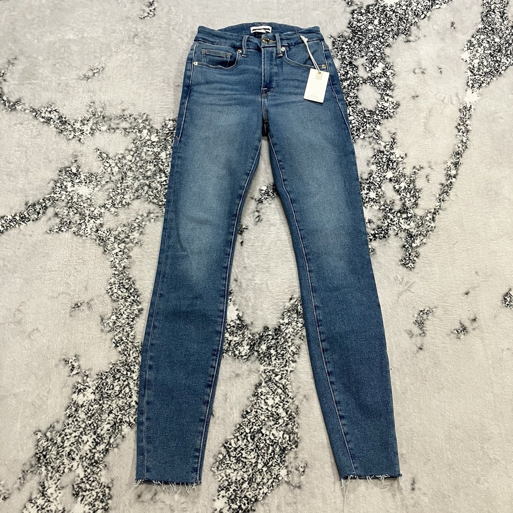 Good American High Rise Skinny Jeans Womens Size 00 Raw Hem Blue Denim NWT